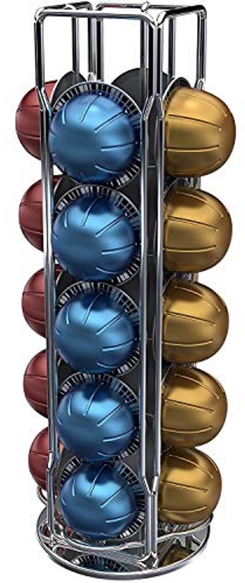 Dispenser voor Lungo Koffiecapsules - Staal en Zilver, 20 Capsules, Compact Design