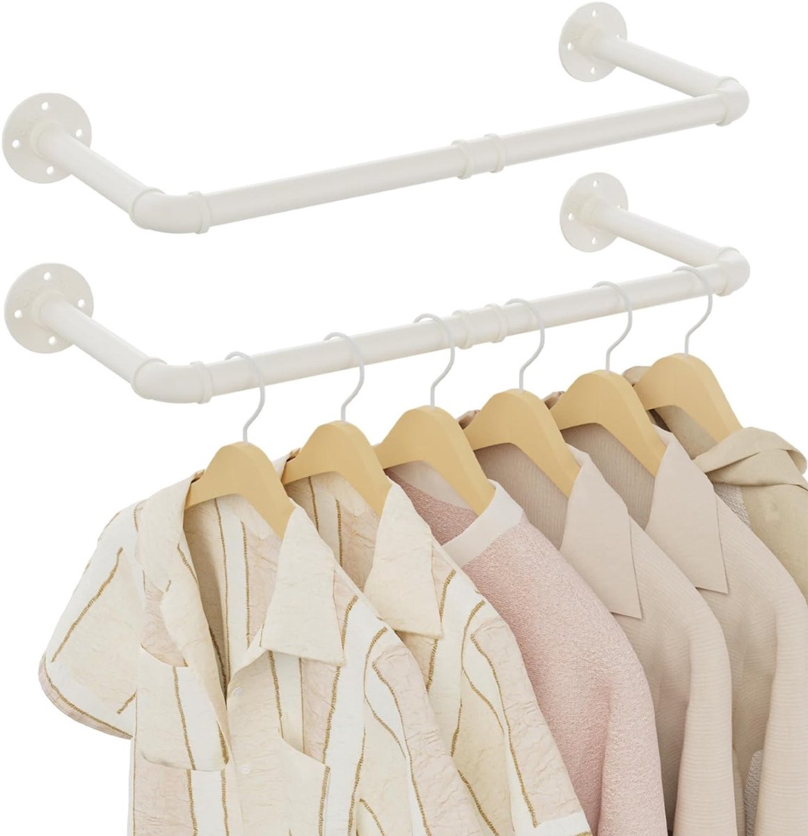 VIN® Kledingstang voor aan de Muur – Hoogwaardige Stalen Kledingroede – Set van 2 – Kledingrek - Hangrek - Garderobe Stang – 64 cm - Wit