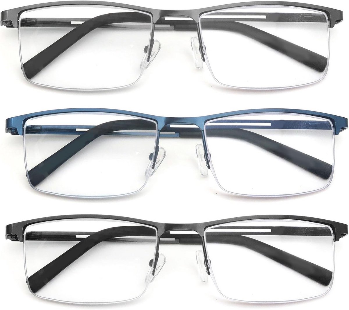 3-Pack Leesbrillen Heren met Blauwlichtfilter - Metalen Frame in Rechthoekige Stijl