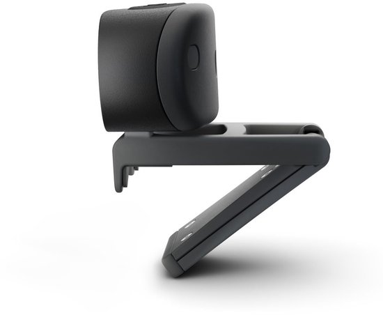 Zijkant van een zwarte webcam met een grijze clip.