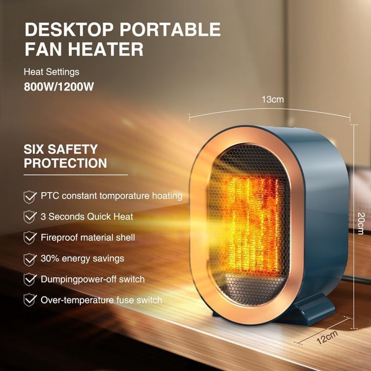 Elektrische kachel - Stille kachel - Miniverwarmer - Draagbare minikachel - Keramische PTC-ventilatorkachel - Winterwarmte - 2 warmte-uitgangen - Oververhittings- en kantelbeveiliging - Geschikt voor thuis - Ouderen - Kinderen - Huisdieren - blauw – foto 3