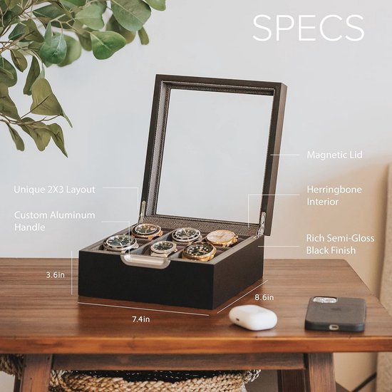 CASE ELEGANCE Edle Uhrenbox aus Echtholz für 6 Uhren mit Glasfenster