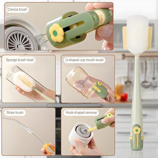 Flessenborstel - 5-in-1 multifunctionele flessenborstel met spletreinigingsborstel - rietjesborstel - reinigingsborstel - voor thermosflessen - rietjes - glazen flessen - drinkflessen - keukenaccessoires - schoonmaaktools — afbeelding 3