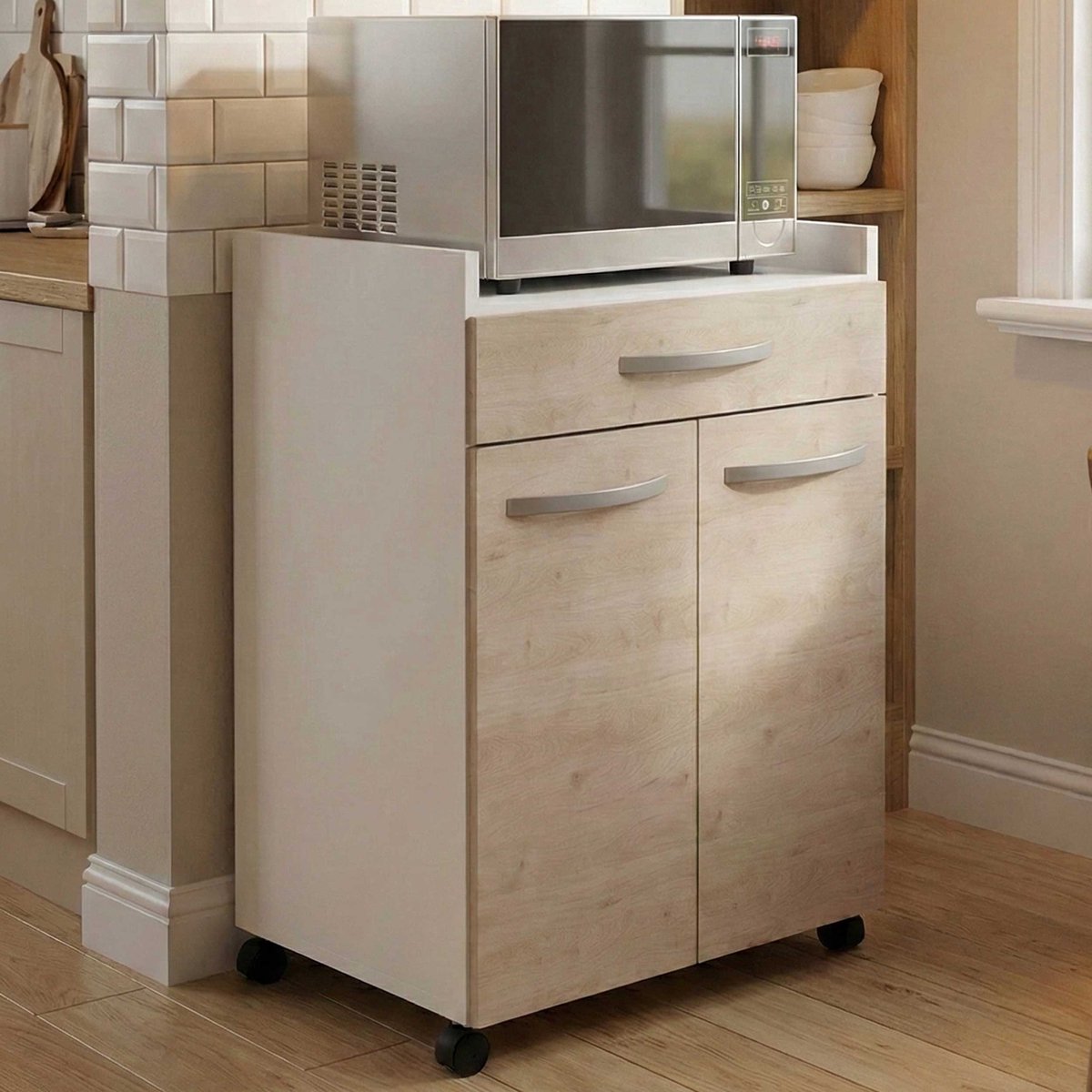 Microgolfkastje Eko Met Wieltjes - 2 Deuren & 1 Lade - Eikdecor - Parisot - Keuken Trolley - Bruin - Melamine; Spaanplaat