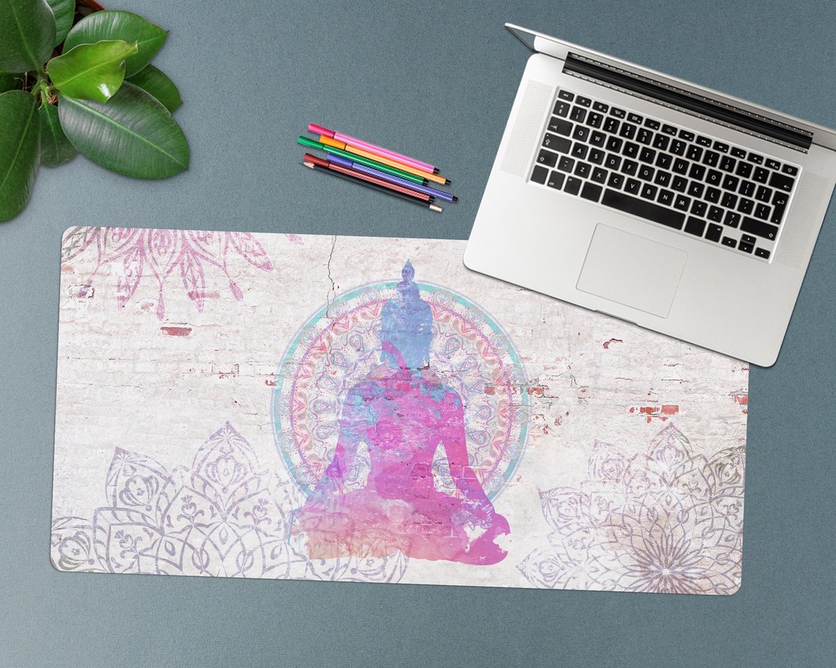 Coloray Bureau Onderlegger - Boeddha vergezeld door een mandala Bureau Pad - 90 cm x 45 cm - Veelkleurig Bureau Onderlegger - Bureau Mat - Bureaumat - Onderlegger Bureau - Bureau Onderlegger Groot
