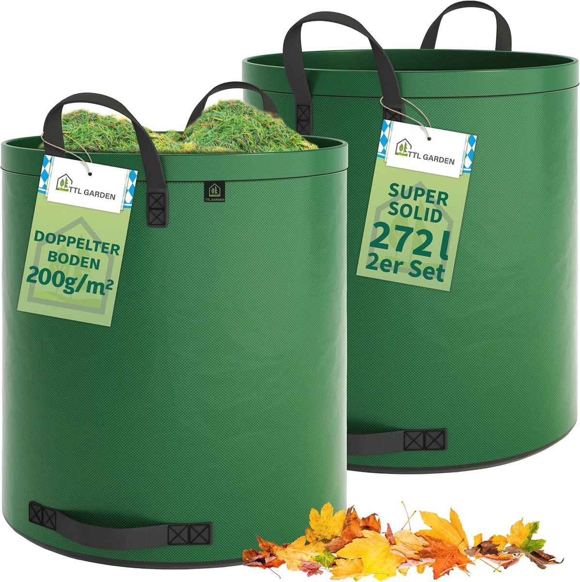 Tuinzak voor tuinafval met deksel en dubbele bodem - 272 liter, extra stevig en scheurvast, set van 2