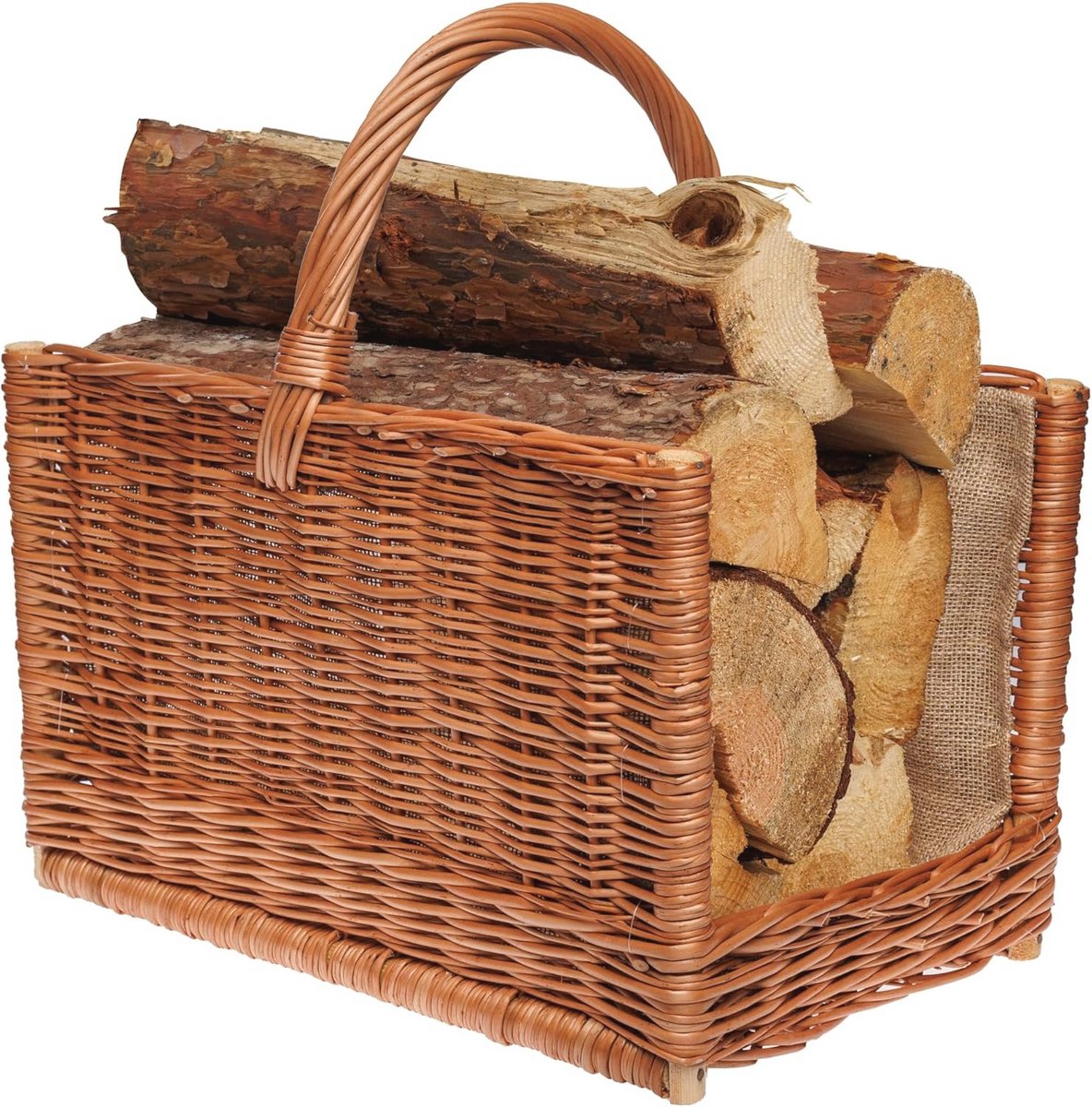 Rieten mand vierkant met handvat | open haard mand voor brandhout | handgeweven en jute bekleed