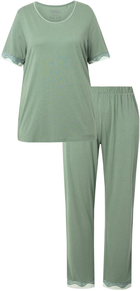 Ulla Popken - Dames - Pyjama kanten randen ronde hals korte mouw - Kaki - Maat 46+