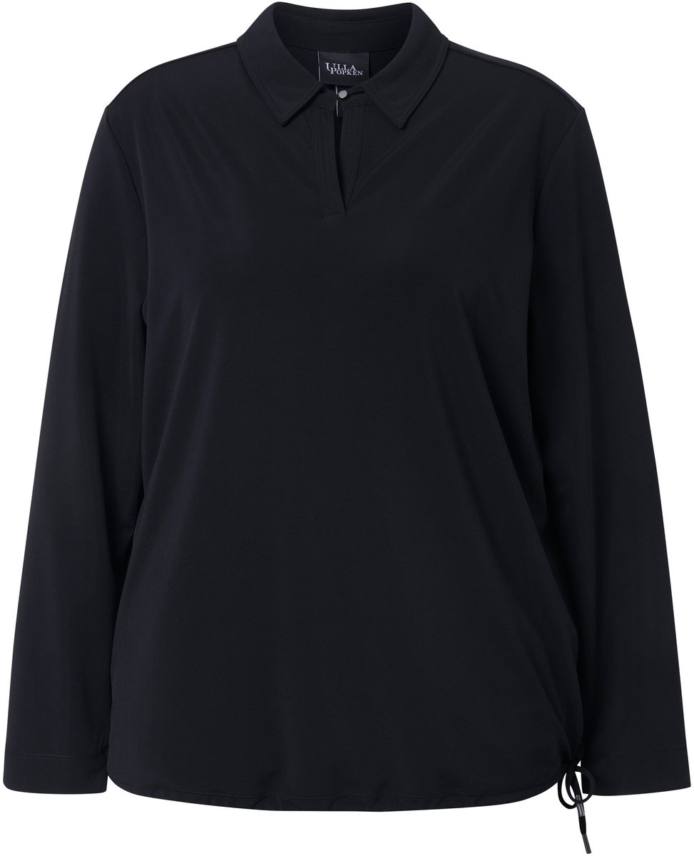 Ulla Popken - Dames - Jersey blouse overhemdkraag lange mowen elastische zoom - Zwart - Maat 62+