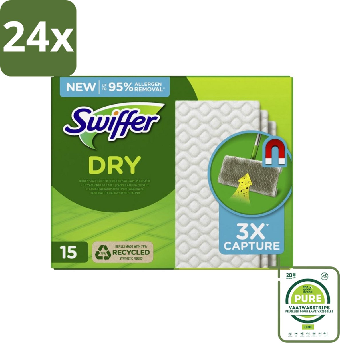 Swiffer Dry - Vloerdoekjes - Navulling - Gerecyclede Fibers - 15 Doekjes - Voordeelverpakking - 24 stuks - Stofzuiger - Stofdoekjes