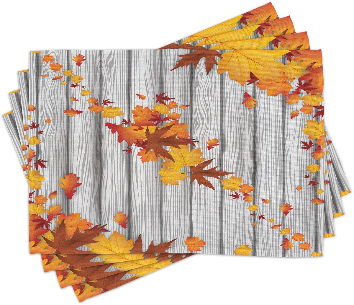 ABAKUHAUS herfst-placematten, esdoornbladpatroon met diagonale bladeren, rustieke houten planklook, Tiscjdeco, uit kleurvaste stoffen, voor eetkamer en keuken, oranje, wit en lichtbruin