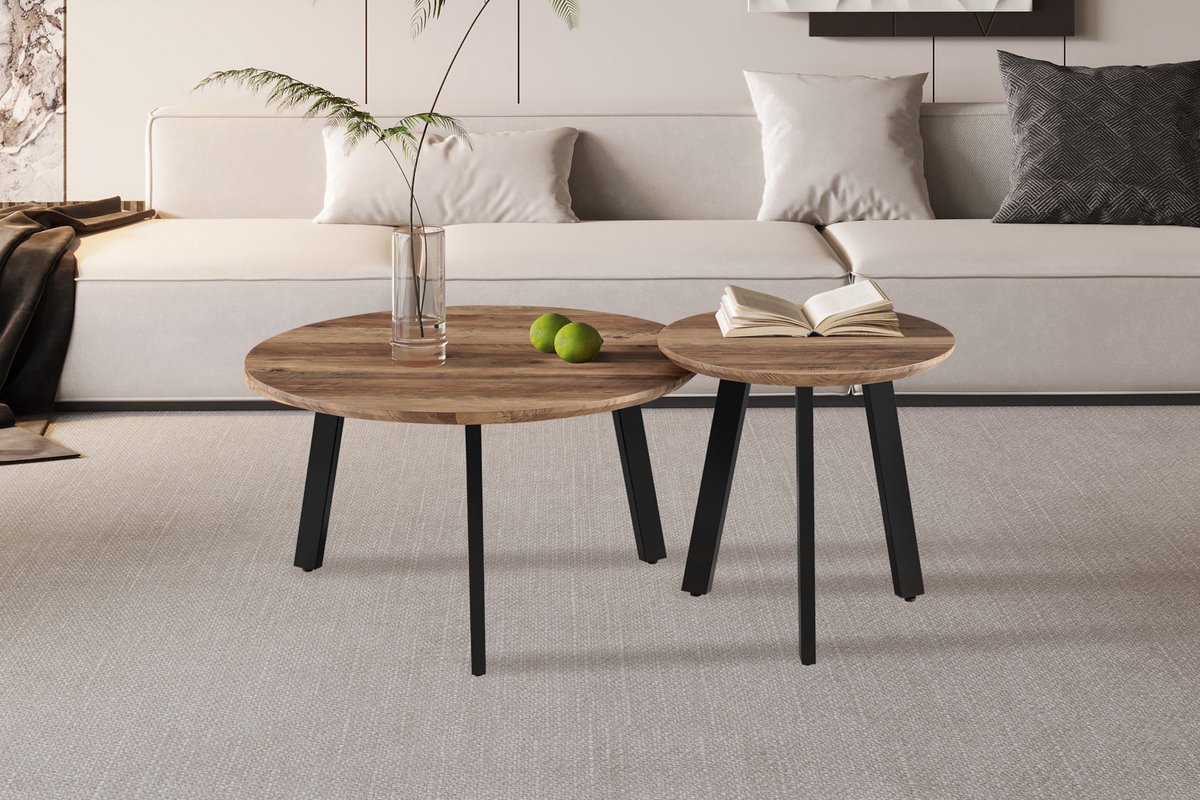 Salontafelset Aziz - Ø50x50cm & Ø80x45cm - Mangohout/zwart