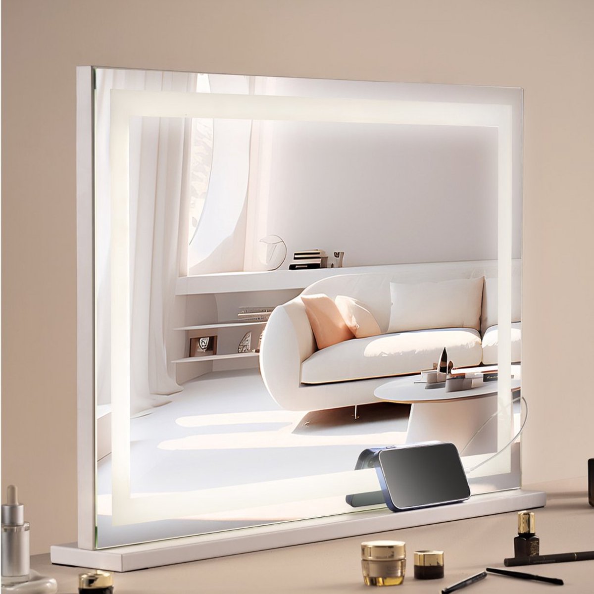 Hollywood make-upspiegel - Cosmetische LED Tafel/Wandspiegel - 3 Kleurstanden - 5x Vergroting - USB-poort - Touchbediening - 79,7 x 54,7 cm