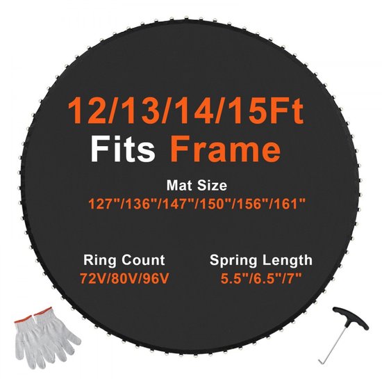 Trampolinemat - Vervangende Springmat - Voor Rond Frame Ø 365 cm - Voor 14 cm Veren - UV-bestendig - Versterkte Randen - Duurzame V-ringen - Inclusief Veerhaak