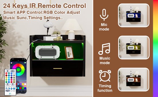 Table de chevet murale noire 2 pièces - Tiroir à 1 compartiment et station de recharge | 1 Outlet + 2USB ports USB ( Power européenne) | Table de chevet en Wood avec bande lumineuse LED | Solution de rangement mural pour chambre à coucher