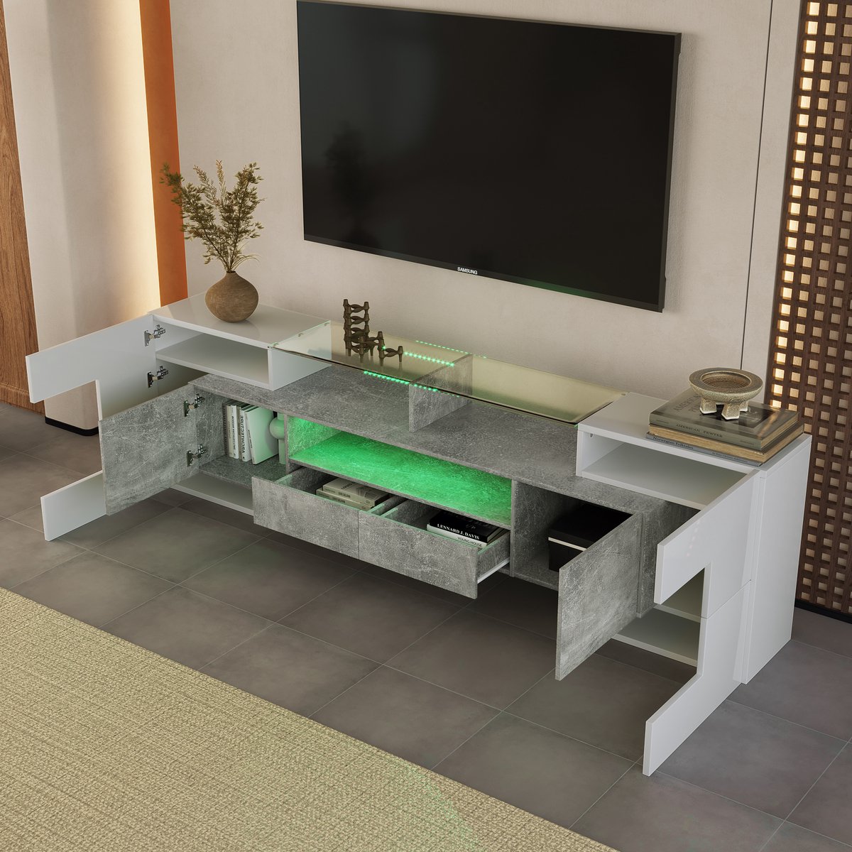 STILVORA TV-kasten 200x35x60 cm - TV meubel Met Hoogglans Afwerking - Met LED-verlichting - Modern Design - Rechthoekig - Televisie - MDF - Grijs
