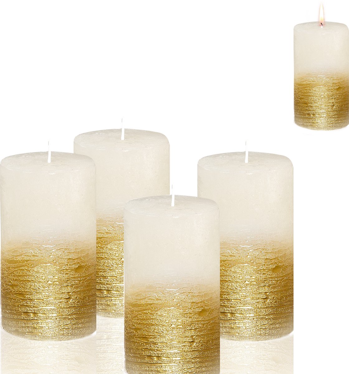 Candelo 4-delige set kaarsen Ambiente rustieke stompkaarsen – wit metallic goud – kaars 12 cm – lange brandduur ca. 54 uur kerstkaarsen voor adventskrans