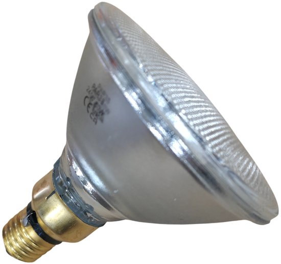 PAR38 halogeen spotlamp met E27 fitting, 120W, 2800K, 30° graden stralingshoek.