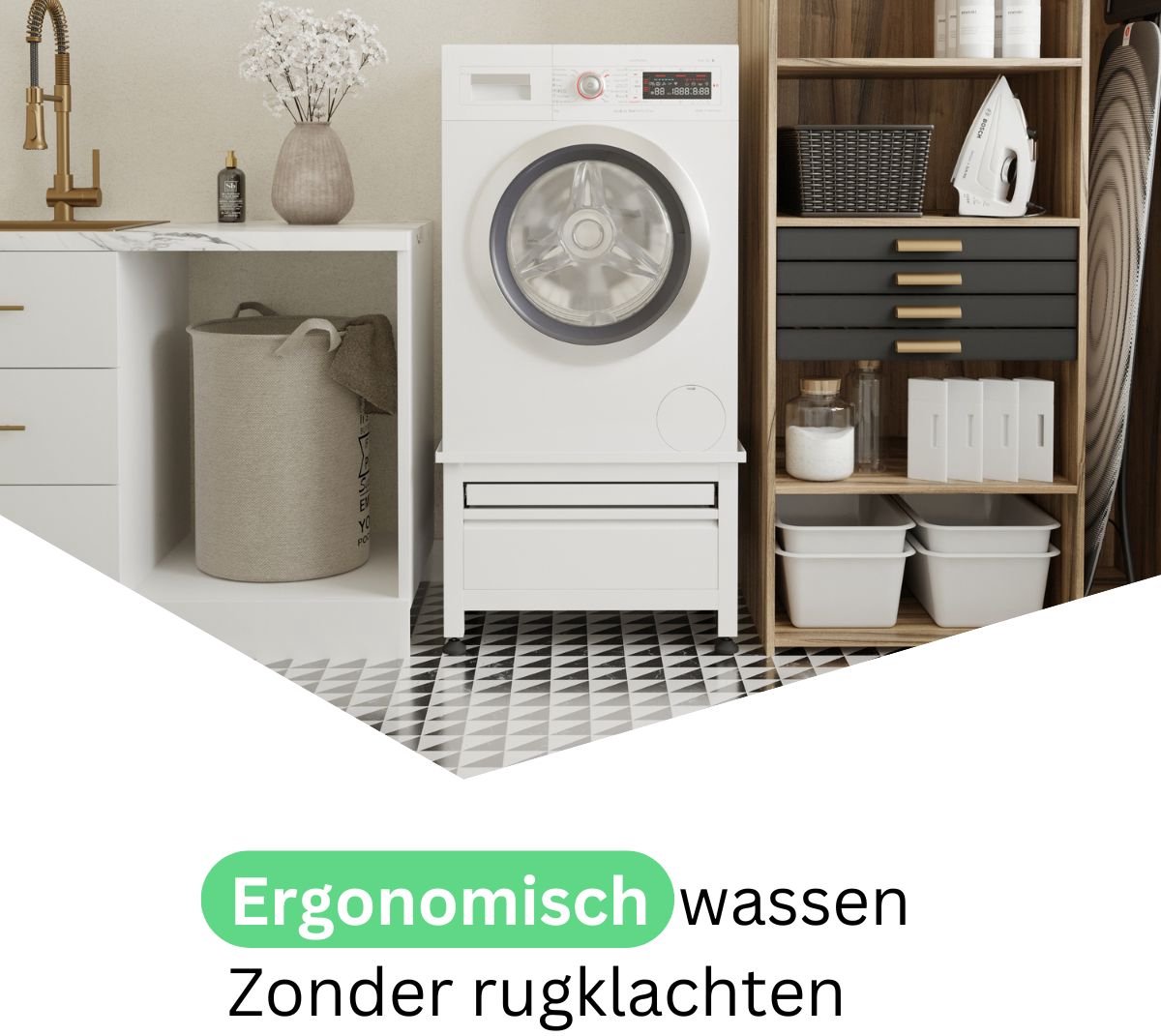 Wasophoogte® Wasmachine verhoger met lade en plateau - Wasmachine opbouwmeubel - Wasmachine sokkel - 42cm hoog - Wit - Universeel - 65*60,5 (LxB) - Inclusief wandbeugels thumbnail 5