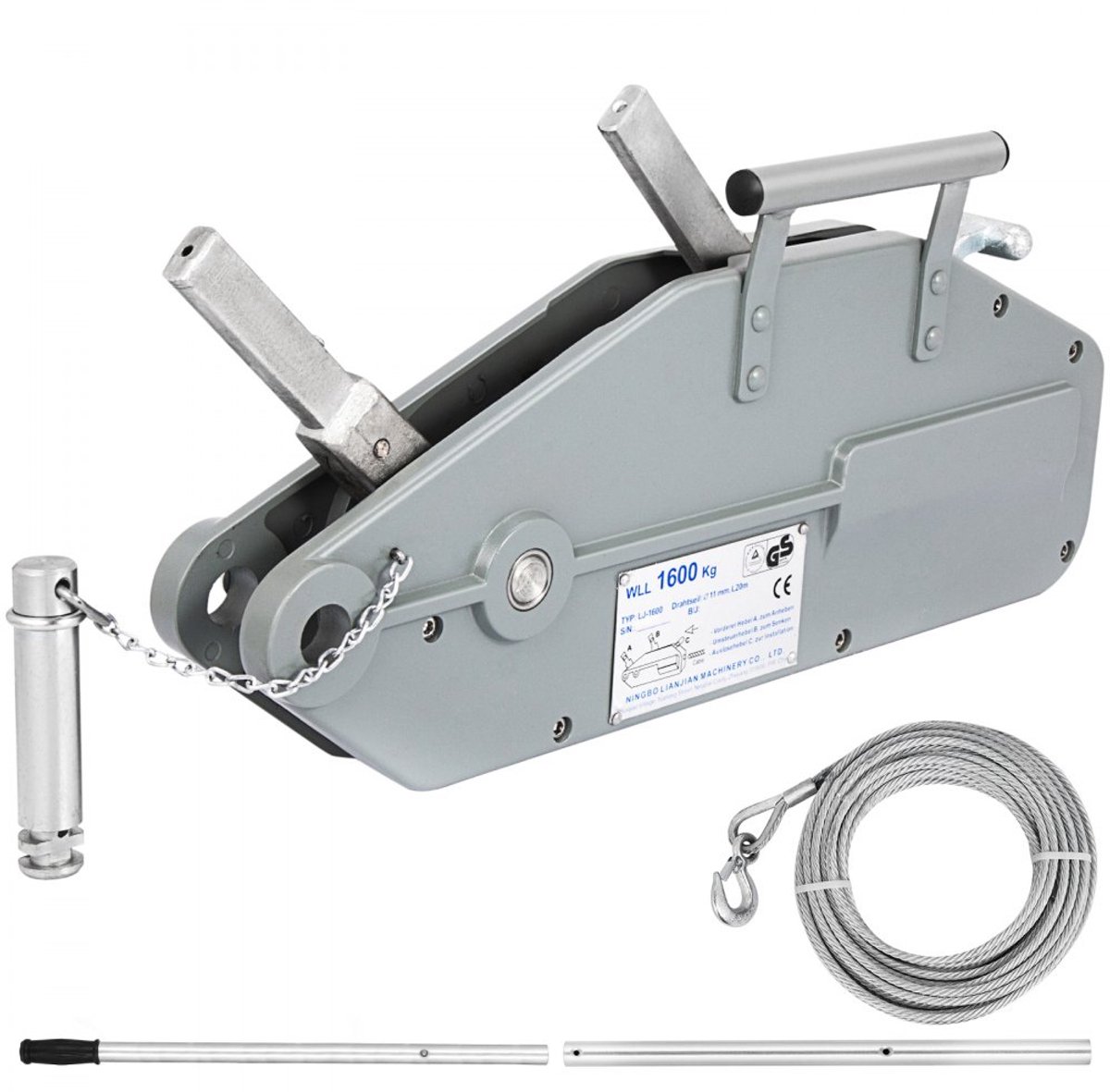 Kabeltreklier - Handlier - Trekcapaciteit 1600 kg - RVS Staalkabel 25 m - Kabeldiameter 11 mm - Met Rem - Max. Rollende Last 2400 kg - Voor Bosbouw