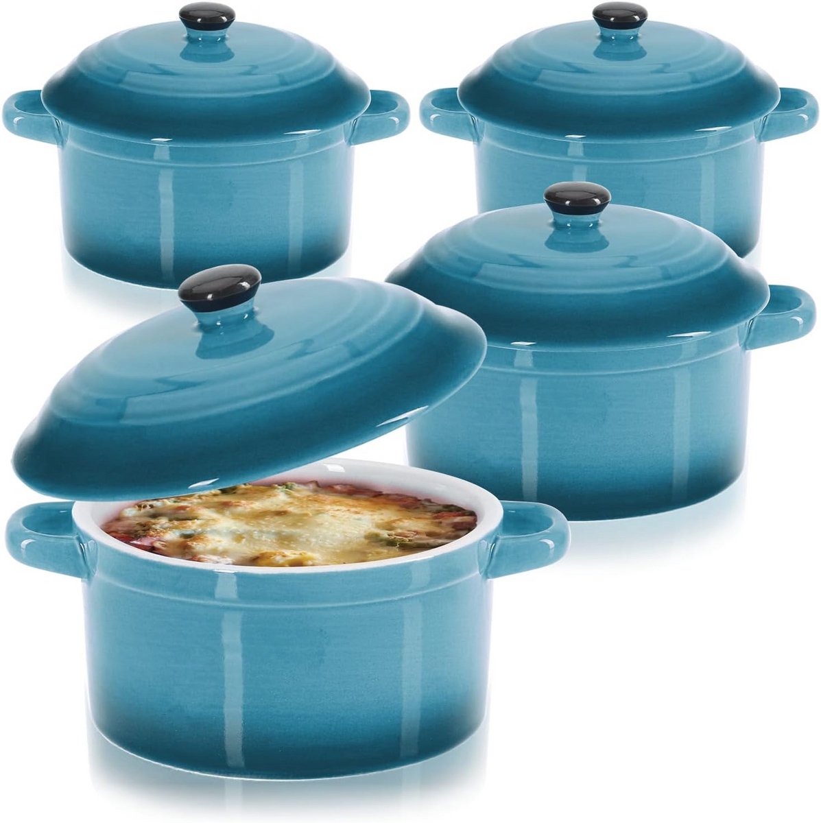 Set van 4 Mini Ovenschalen met Deksel - Ideaal voor Crème Brûlée en Gerechten - Blauw, 250/175 ml