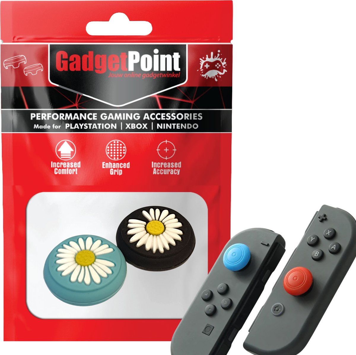 Gadgetpoint - Thumb Grips voor Nintendo Switch Joy-Con Controllers - Gaming Thumbgrips - Performance Anti-Slip Thumbsticks - Bescherming Accessoires - Bloemetjes - Blauw/Zwart