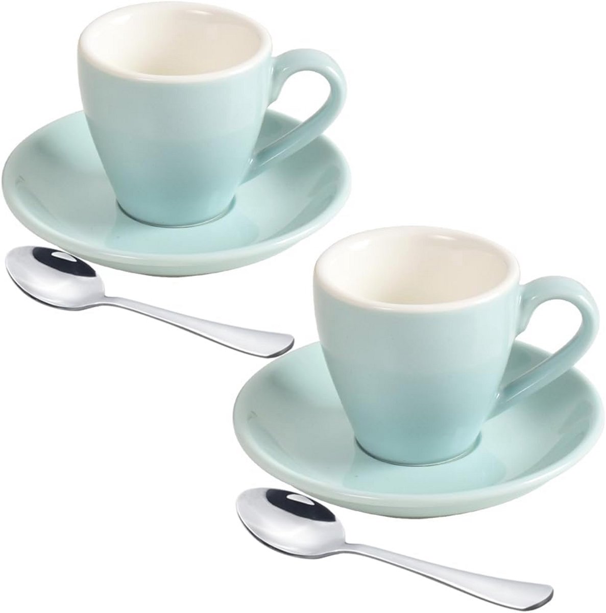 Porseleinen espressokop met schotel en mini-lepels - 80ml, set van 2, blauw