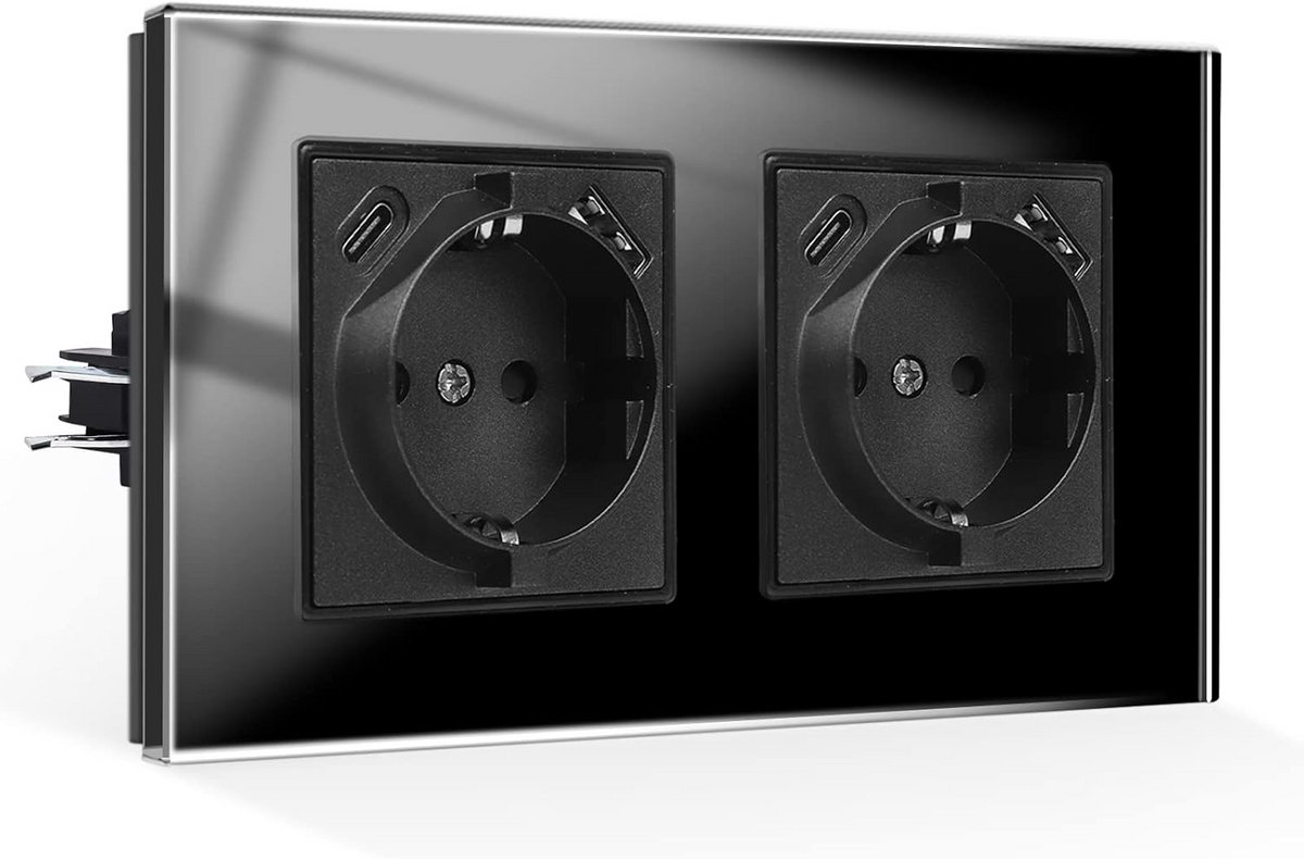 Dubbel stopcontact met USB-aansluiting, 2 x USB-A en type C-poort, inbouwstopcontact met glazen frame, 2-voudig