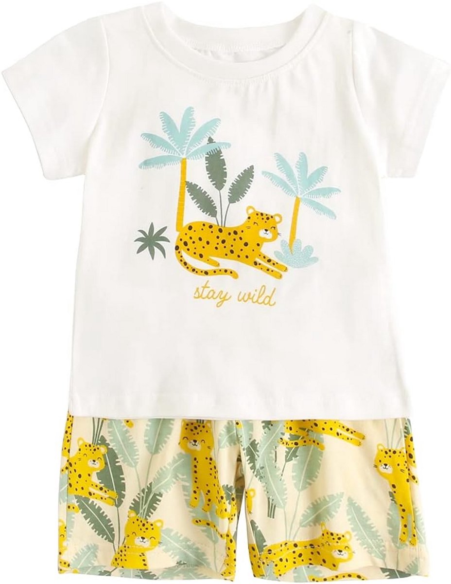 Zomer Set Jongens: Katoenen T-Shirt met Korte Mouw en Leuke Diertjes Print + Shorts