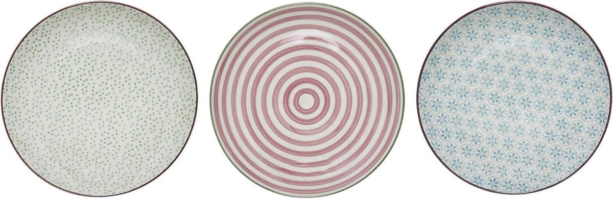 Keramische Bord Set van 3 in Blauw, Groen en Roze