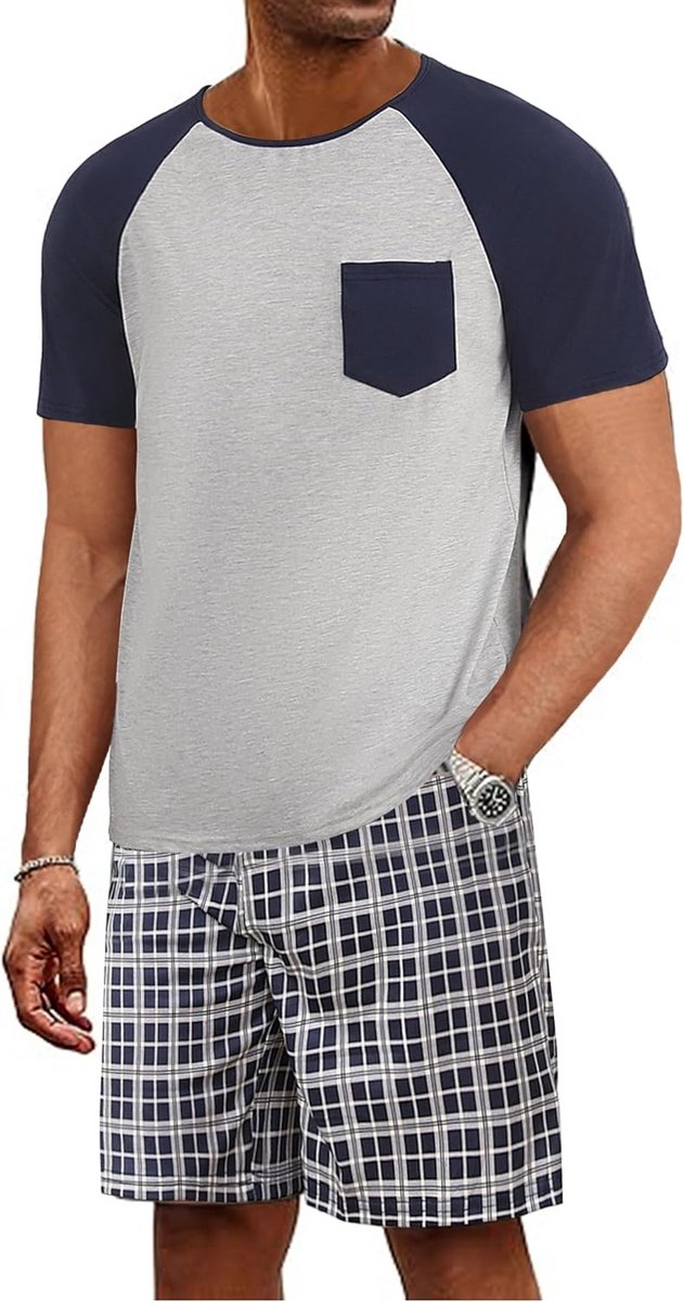 Korte Pyjama Heren Zomer | Katoen Pyjama Set met Contrasterende Kleur | Comfortabele Lounge Kleding