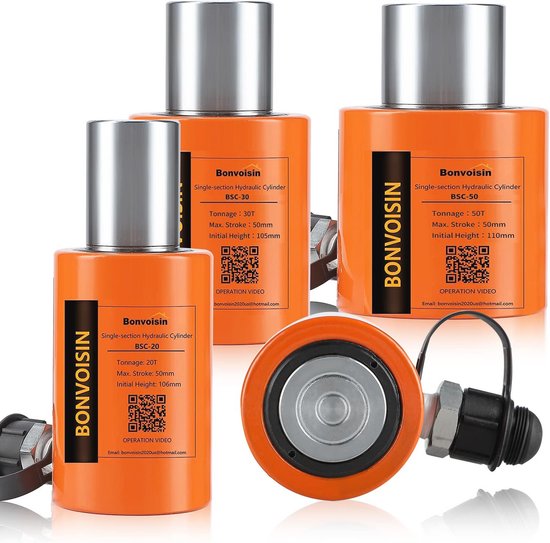 Oranje Bonvoisin hydraulische cilinders, één met 30T, één met 50T en één met 20T tonnage.