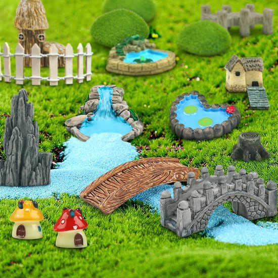 21-delige Fee Tuin Miniaturen Set - Brug Huis Landschap Accessoires met Water Fontein en Paddenstoel - Voor DIY Handwerk en Tuin Decoratie — afbeelding 5