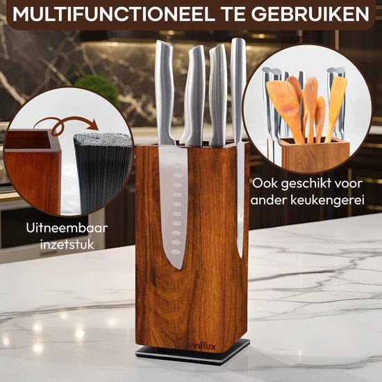 Houten messenblok met uitneembaar inzetstuk. Ook geschikt voor ander keukengerei. Multifunctioneel te gebruiken.