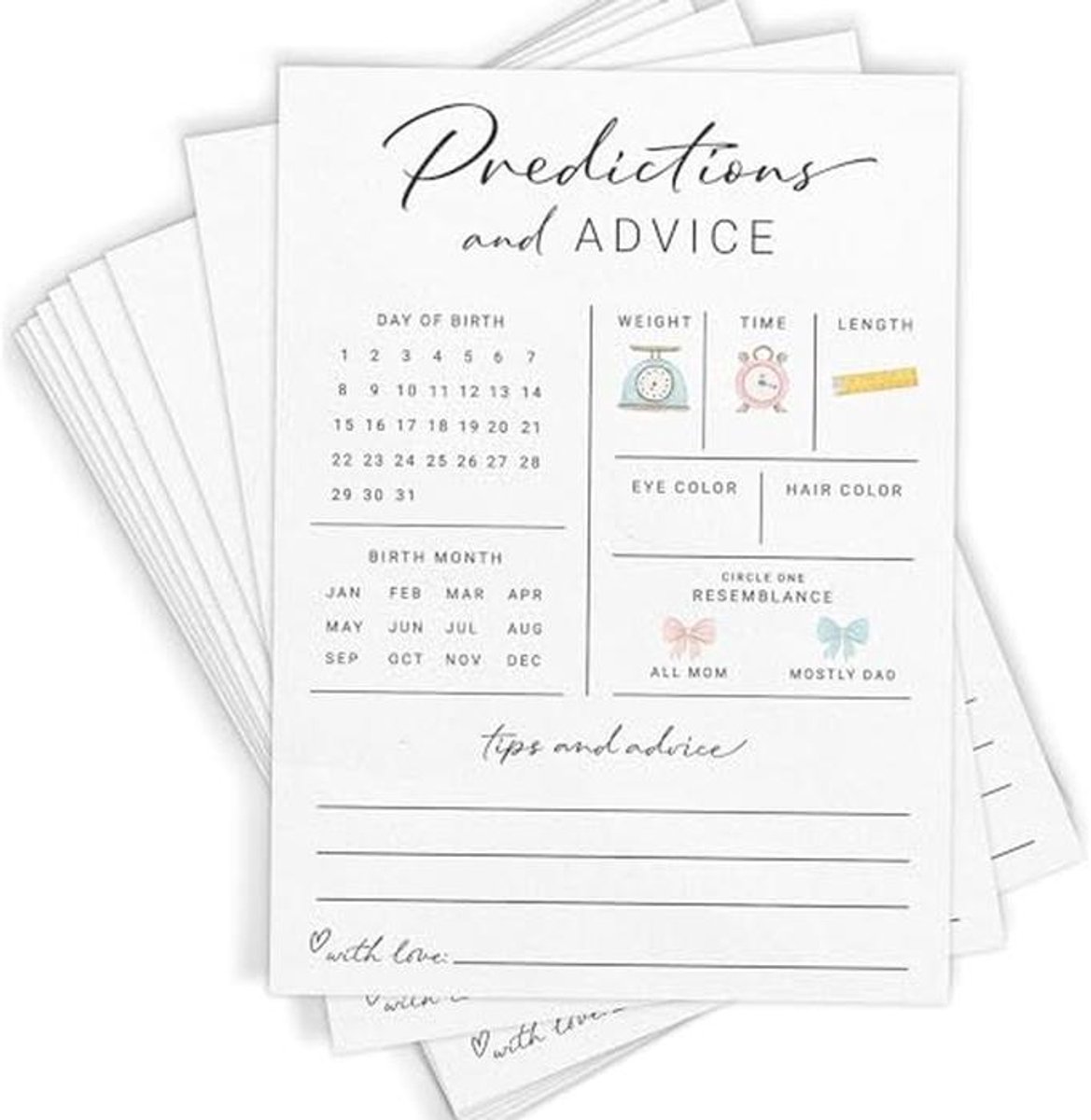 Voorspellingskaarten voor babyshower - 30 stuks voor geslachtsherkenning en advies