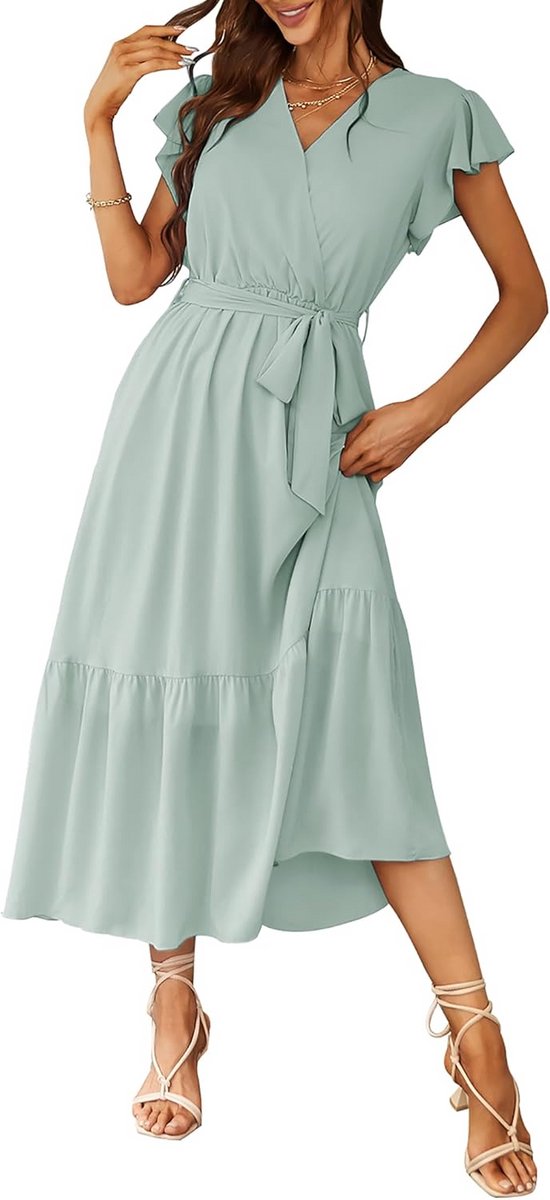 Lange Zomerjurk Dames Elegant V-hals Korte Mouw Boho Bloemen A-lijn Strandjurk