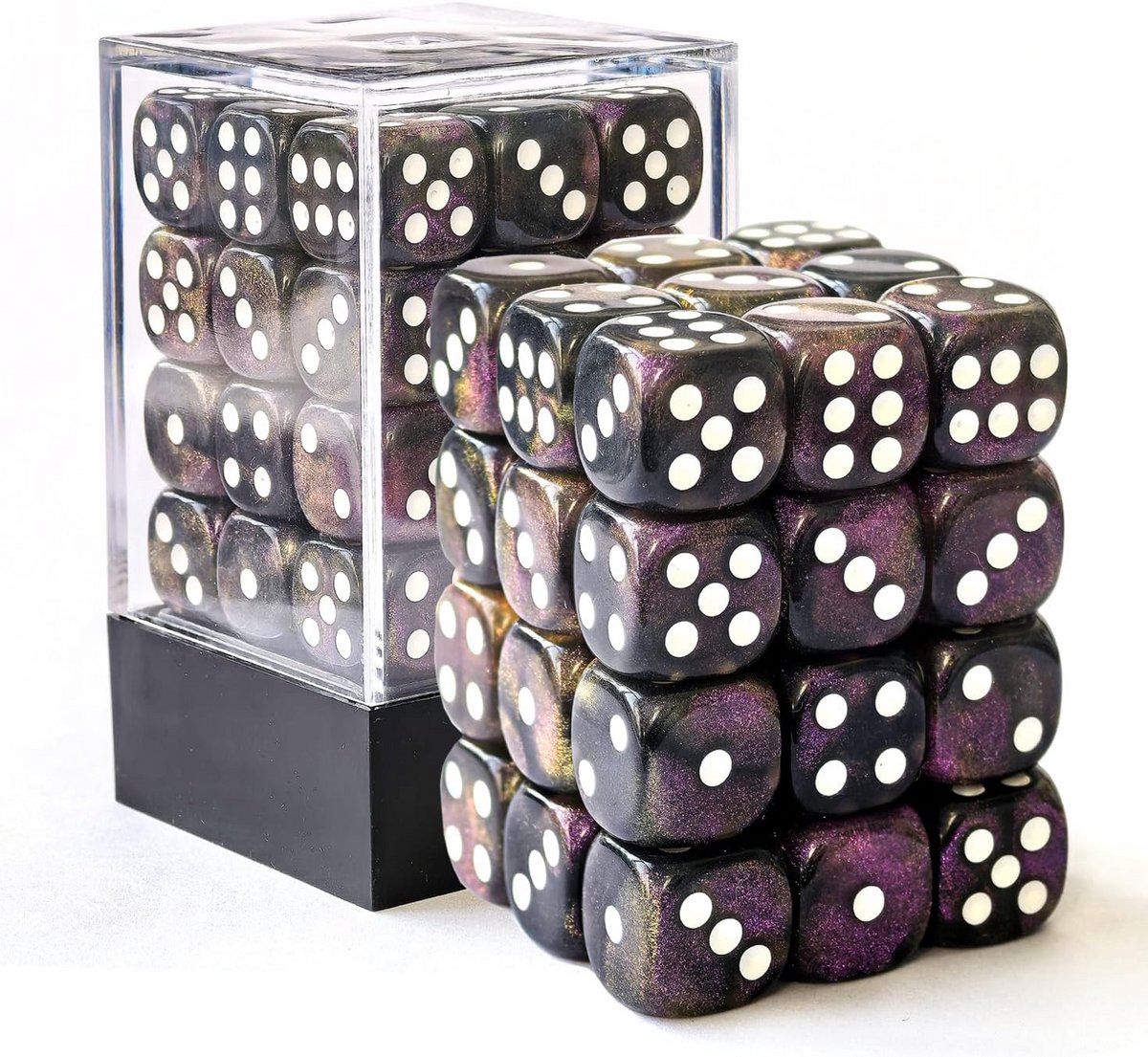 Set van 36 D6 Dobbelstenen - Zwart Semi-Transparant met Paarse Glitter - 12mm