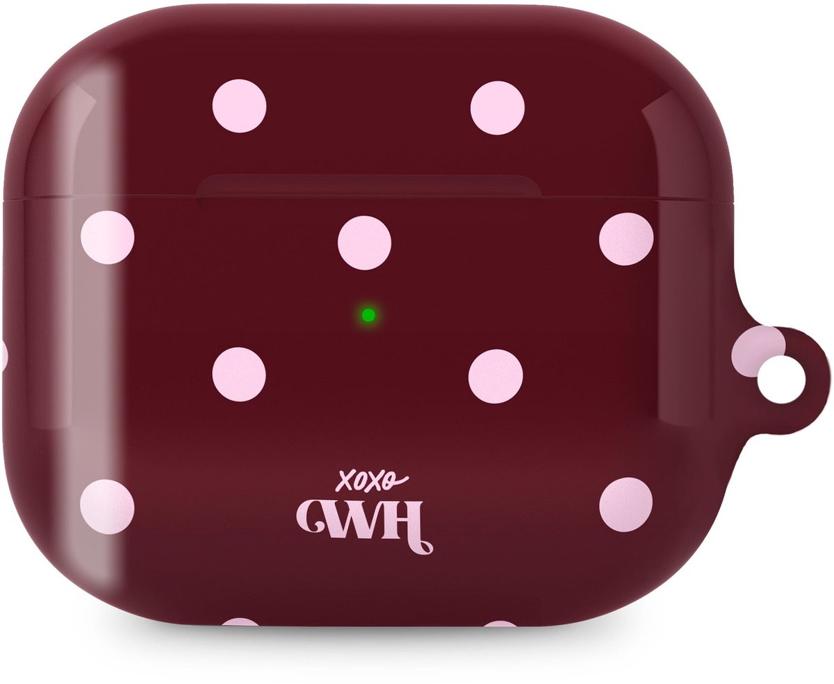 xoxo Wildhearts hoesje geschikt voor AirPods Pro 2 - Polka Dots (Burgundy) - Ook als telefoonhoesje verkrijgbaar - schokbestendige case - koptelefoonhoesje - Beschermhoes met stippenpatroon - Bordeauxrood met witte stippen