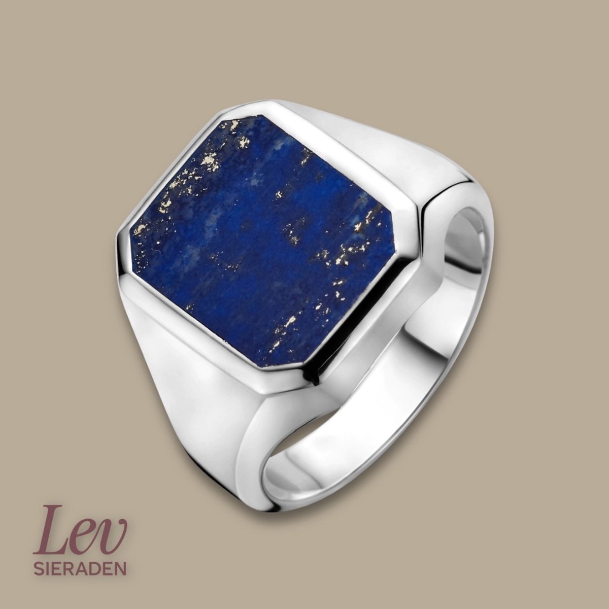 Lev Sieraden - 925 zilveren Zegelring - Lapis lazuli - zilver gerhodineerd - 16mm - Ringmaat 61 - Heren Ring