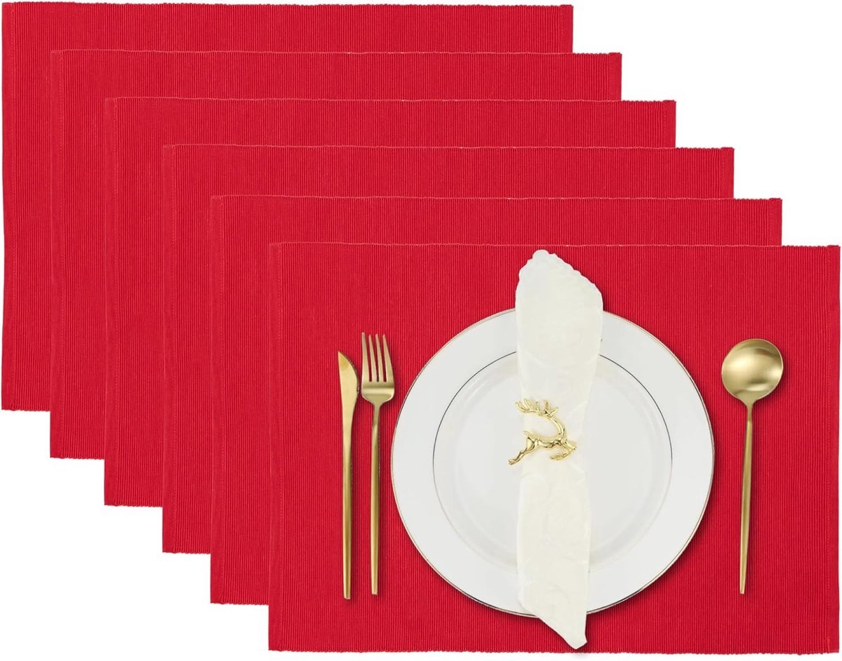 Stunq® Set van 6 Katoenen Omkeerbare Placemats - Rood en Neutraal
