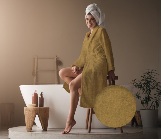 Heckettlane Badjas Katoen Premium - Ochre Yellow - Maat S - Badjas 100% Katoen - Badjas / Kamerjas Dames - Badjas / Kamerjas Heren
