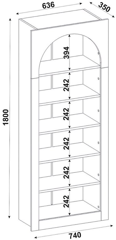 Technische tekening van een smalle witte boekenkast met zes legplanken en een boogvormige opening. Afmetingen in cm.