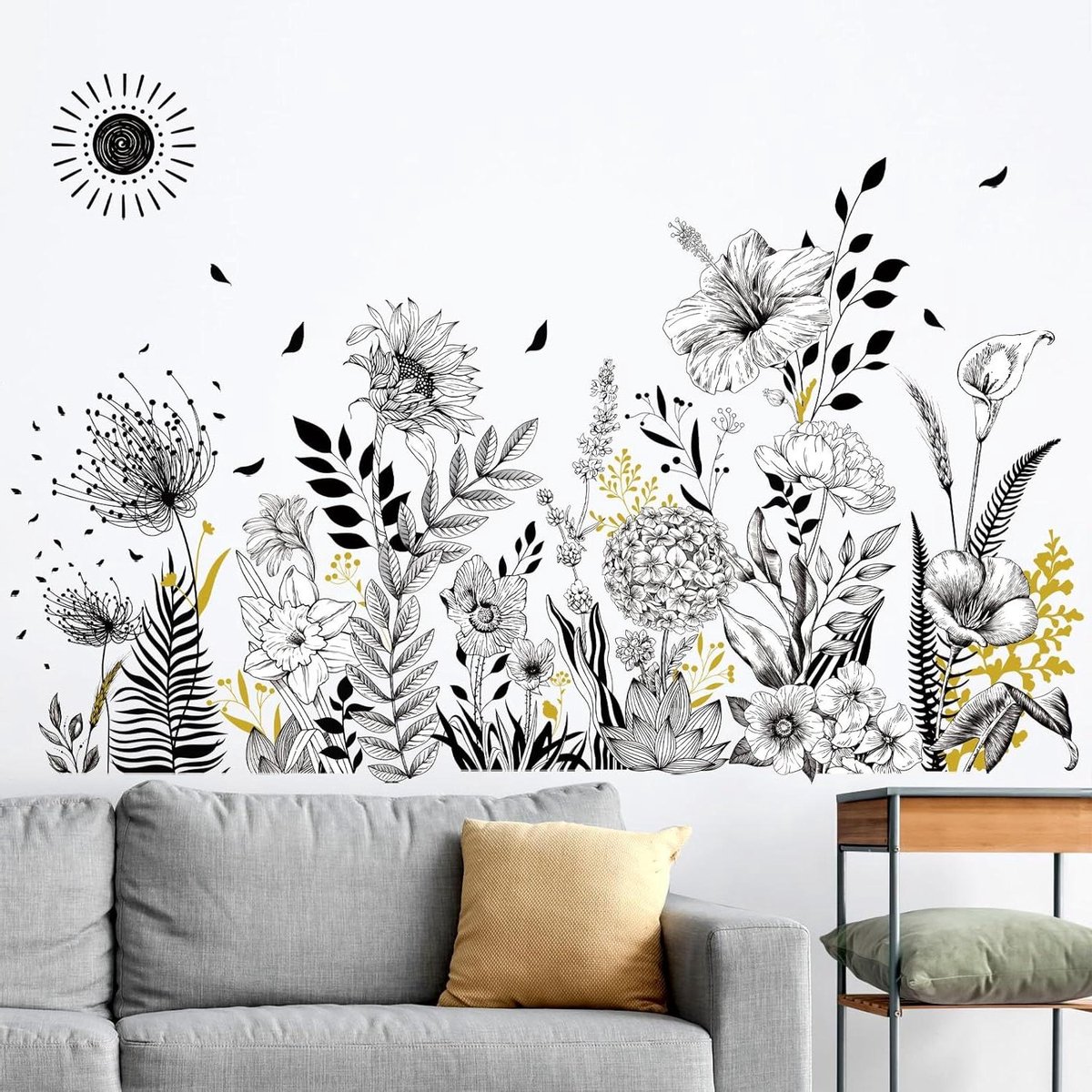 Cosensi Muursticker tuin zwart wit bloemen zonnebloem klaprozen wanddecoratie woonkamer slaapkamer sofa Any