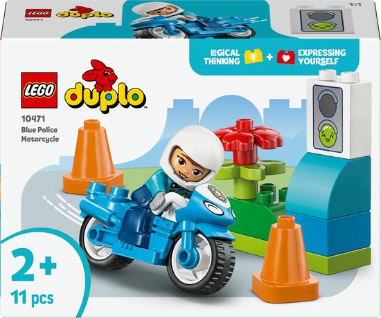 Boîte de moto de police bleue LEGO Duplo. Avec figurine de policier, moto, feu de circulation et cônes.