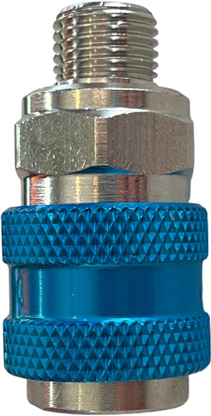 Messing snelkoppeling met blauwe, geribbelde mouw en 1/4" uitwendige schroefdraad.