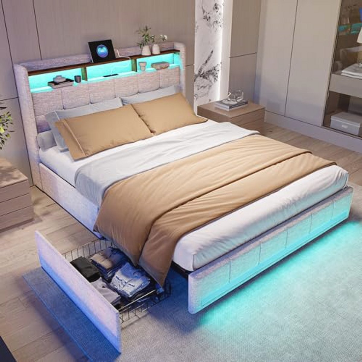 Tweepersoonsbed 140 x 200 cm met ledverlichting, USB-oplader en opbergladen