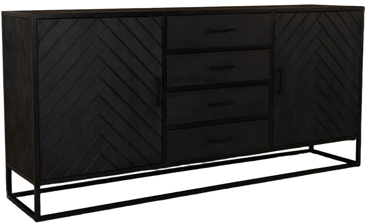 Dressoir mangohout visgraat Cody ladekast zwart industrieel 180x85cm duurzaam mango kast