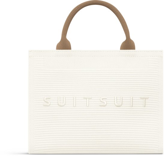 Wit SUITSUIT tasje met horizontale ribbels en één gebogen bruin hengsel.