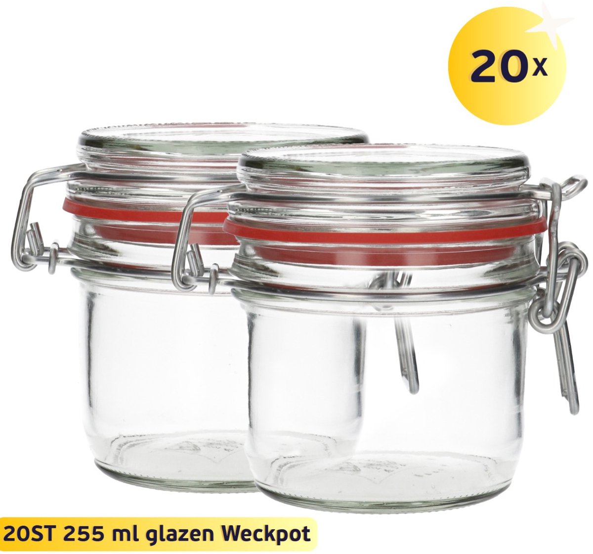 20x Glazen Weckpot 255 ml - Rond & Transparant - Inmaakpotten, Mason Jar, Weckpotten met Deksel, Confituurpotten - Hervulbaar - Glas - 20 Potten