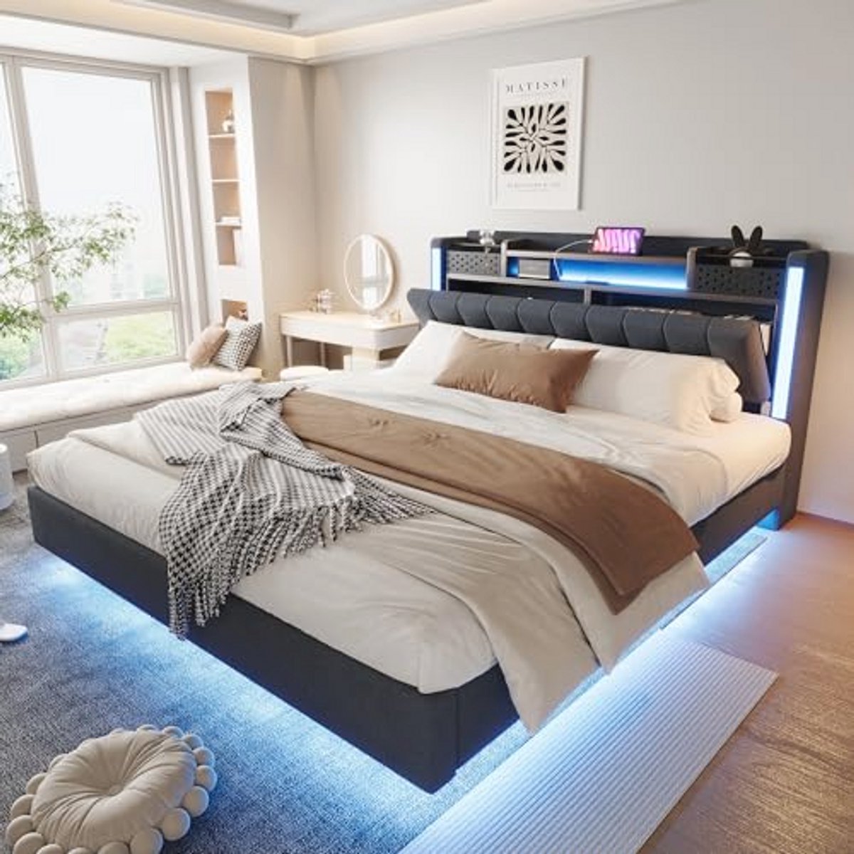 Tweepersoonsbed 160x200cm met LED Verlichting en USB-oplaadpoort, Gestoffeerd Bedframe met Opbergruimte en Lattenbodem